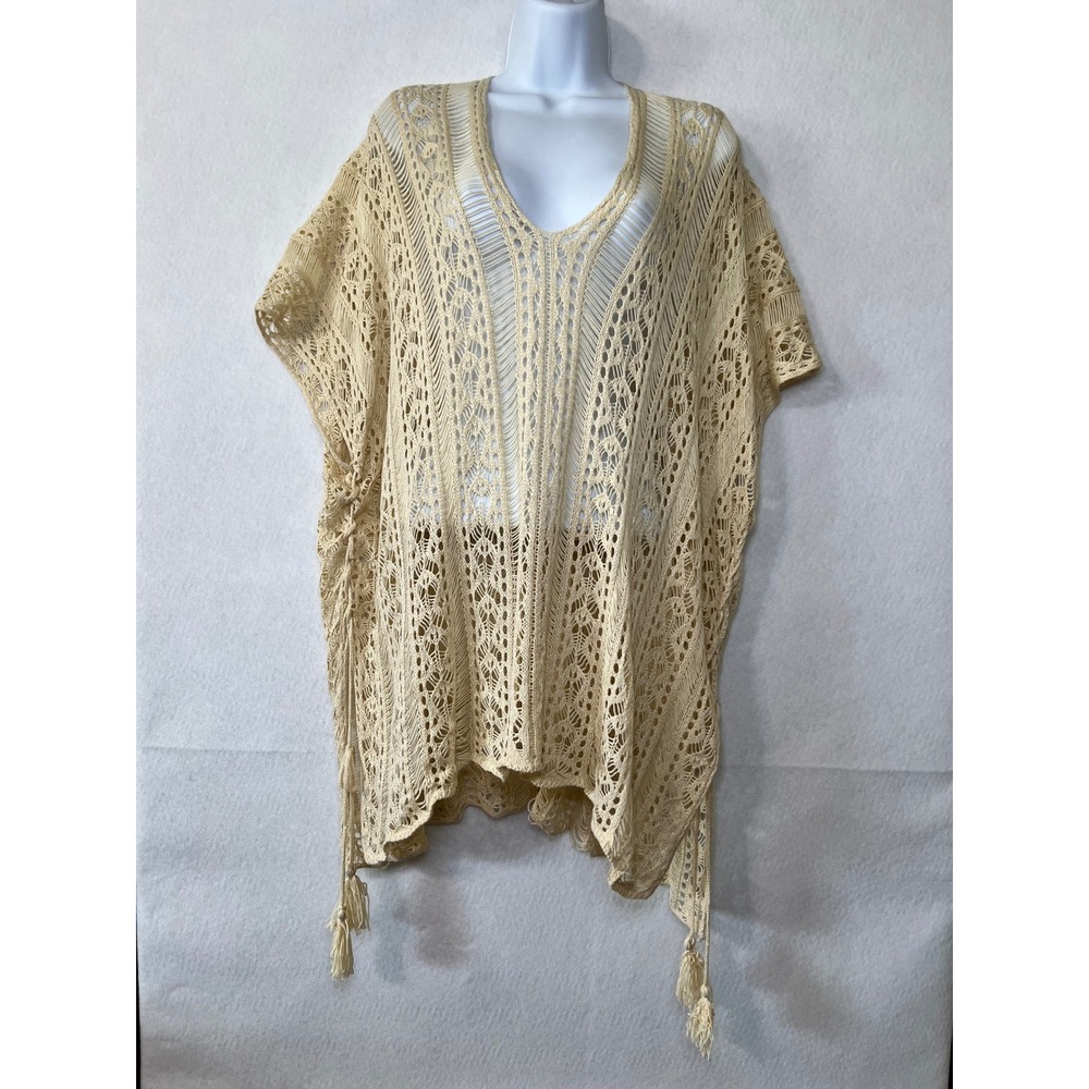 Cream Crochet Knit Coastal Bohemian Lace Up Tassel Beach Festival Coverup One Sz